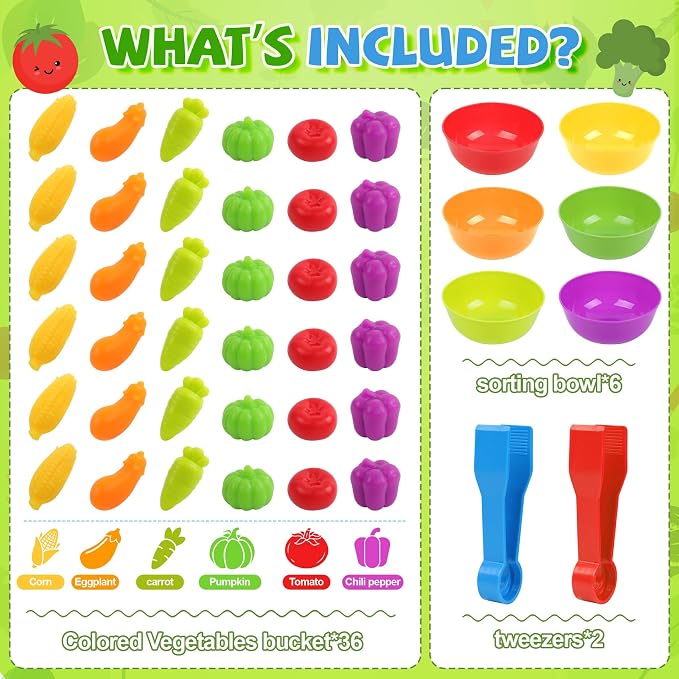 TSYAN Counting Vegetables Matching Games Sensory Toys with Sorting Bowls Preschool Learning Activities Color Classification Fine Motor Educational Toys Set Gift for Boys Girls Toddlers Toys Age 3+