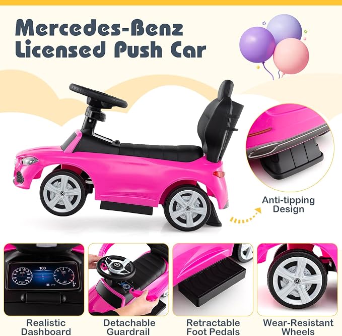 Costzon Push Car for Toddlers, 3 in 1 Mercedes Benz Stroller Sliding Walking Car w/Canopy, Handle, Safety Bar, Horn Sound, Underneath Storage, Foot-to-Floor Ride On Toy for Boys & Girls (Pink)