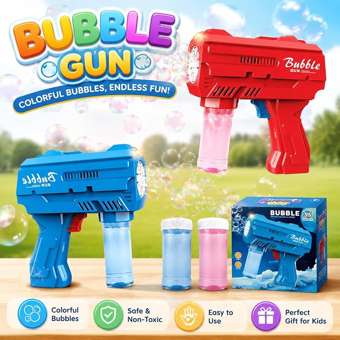 2 Pack LED Bubble Gun for Kids, Automatic Bubble Blower with 2 Refill Solutions, Leak-Proof Bubble Blaster Toy for Toddlers, Outdoor & Indoor Play, Ideal Easter & Birthday Gifts for Boys Girls Age 3-8