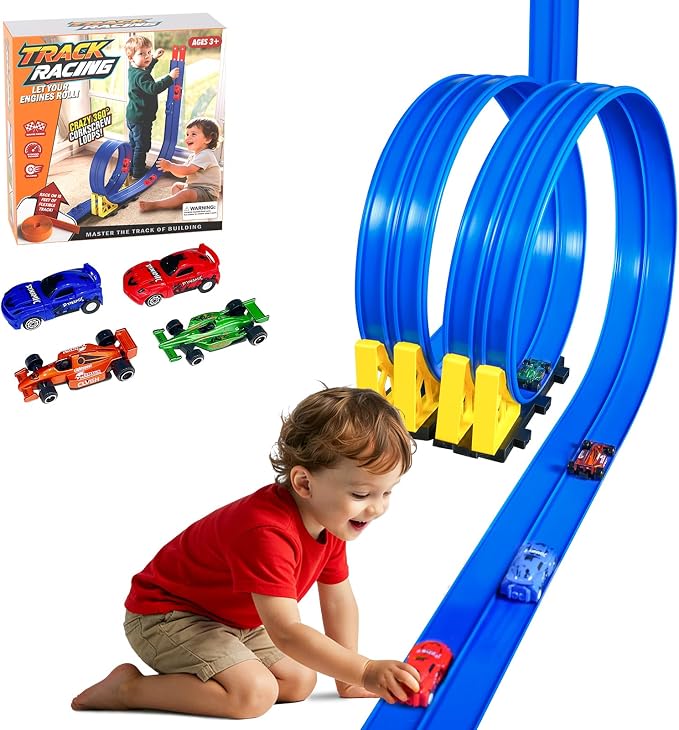 15 Ft Flexible Race Track for Kids 3+, Flexible Car Track Race Car Ramp Track Compatible with Hot Wheels and Diecast 1/64th Cars, Portable Rolls Up Race Tracks with Strong Suction Cups (Blue)