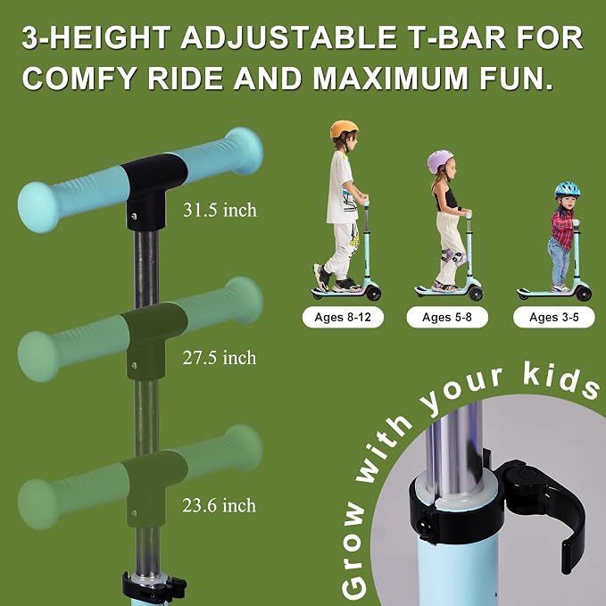 Rahmory Kids Scooter for Boys Girls Ages 3-8, 3 Wheel Light Up Toddler Kick Scooter with 20 Dynamic LED Modes, Foldable Adjustable Height, Extra Wide Deck, Lean to Steer Outdoor Toy Gift