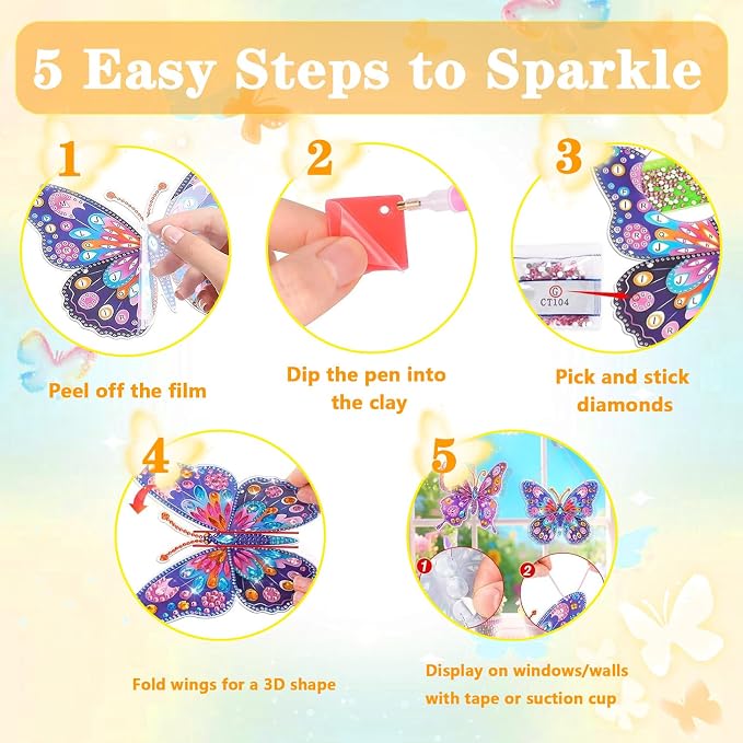 LCOZX 4 Pack Butterfly Diamond Art Window & Wall Art Kit, DIY Gem Art Suncatcher Crafts for Kids Ages 6-12, Birthday Gifts for Girls, Bedroom, Cabinet & Glass Decor