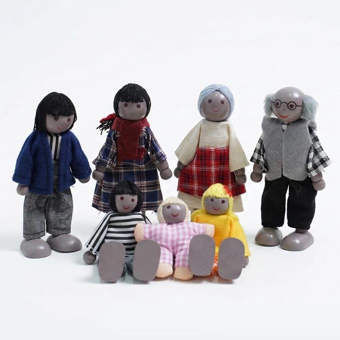 7PCS Wooden Dollhouse Dolls for Playing House Gifts for Children, Wood, Articulated Pretend Play Figures, Smooth Splinter-Free Wood, Montessori Family Set - 4.5In (Unique)