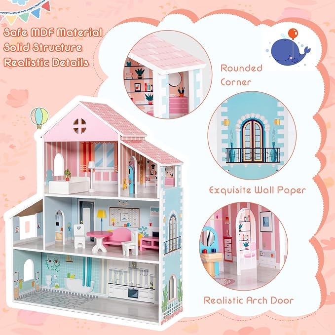 HONEY JOY Dollhouse with 8 Pcs Furniture, 3-Level Wooden Doll House, Pretend Play Kids Doll’s House, Princess Mini Toy House Furniture Playset, Gift for Little Girls(Pink, 2.8 FT)