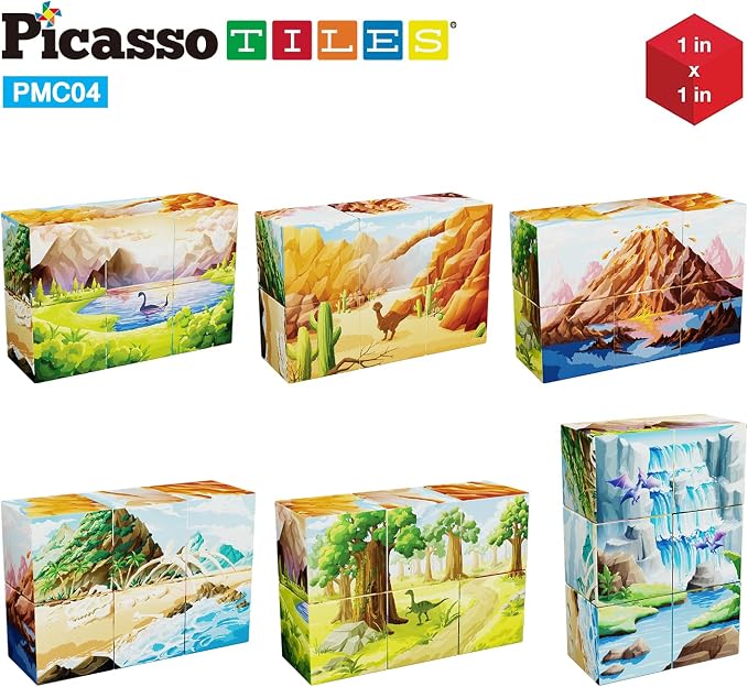 PicassoTiles Magnet Cube Prehistoric World Themed Mix and Match Building Block Construction Toy with 4 Magnetic Cubed Dinosaur Character Action Figures STEM Education Sensory Pretend Play Age 3+ PMC04