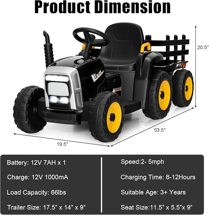 Costzon Ride on Tractor with Detachable Trailer, Kids' Electric Vehicles w/3-Gear-Shift Ground Loader, Wireless Design & USB, 7 LED Headlights, Remote Control Tractor Toy for Kids 3+ (12V, Black)
