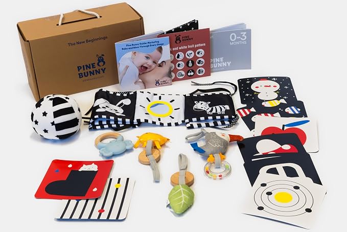 Pine Bunny Montessori 9-in-1 Newborn Sensory Toy Set for 0+ Months Plush Bed Wrap Vision Ball, Black & White Cards Mirror Bed Surround Elephant Teether Educational Learning Tummy Time Development Toys