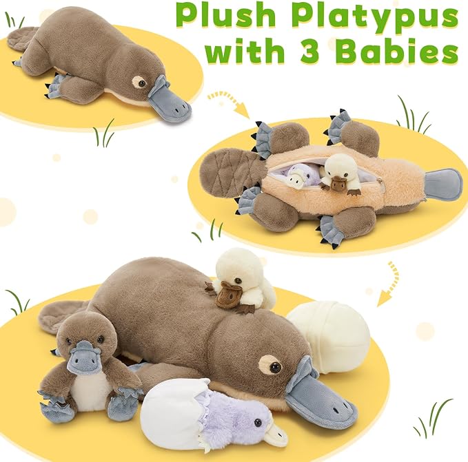 Tezituor 21" Platypus Stuffed Animal with 3 Babies & 2 Eggs, Cute Realistic Platypus Plush Toys for Kids, Christmas, Easter, Valentines, Birthday, Party Decorations