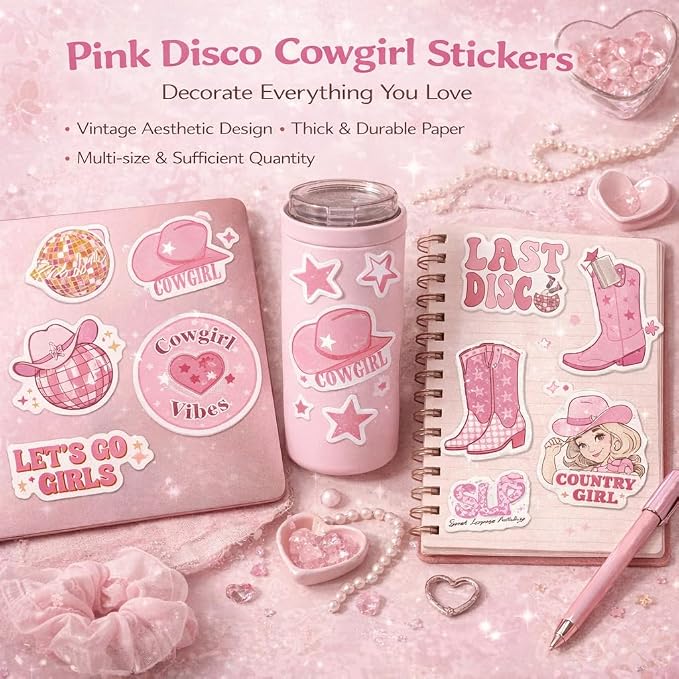 QTL Pink Disco Cowgirl Stickers for Girls Teens, Western Cowgirl Party Supplies, Waterproof Vinyl Stickers for Water Bottles and Laptop, 50PCS