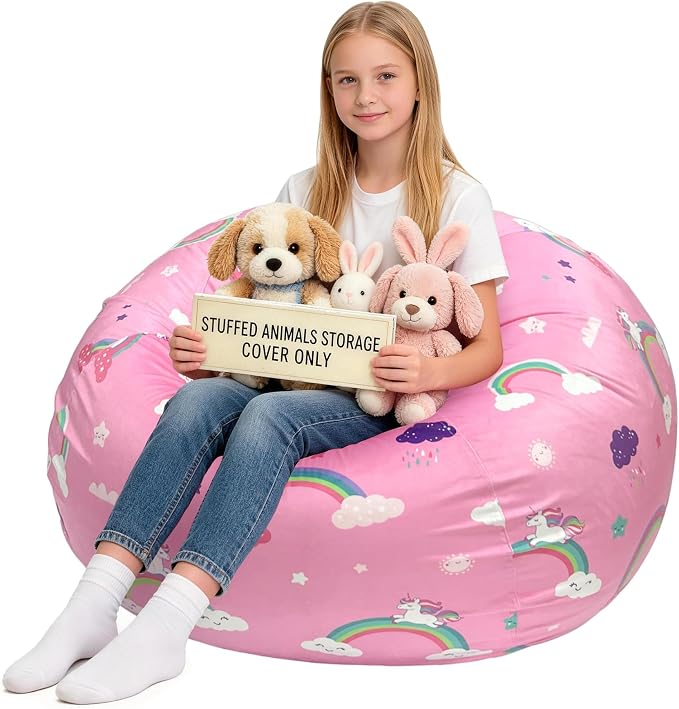 Lukeight Unicorns Stuffed Animals Storage Bean Bag Chair Cover for Kids Teens, Cozy Velvet Plush Toy Organizer Seat, Cover Only, No Filling Included, Long YKK Zipper, Side Pocket, XX-Large 36 x 20 in