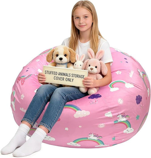 Lukeight Unicorns Stuffed Animals Storage Bean Bag Chair Cover for Kids Teens, Cozy Velvet Plush Toy Organizer Seat, Cover Only, No Filling Included, Long YKK Zipper, Side Pocket, XX-Large 36 x 20 in