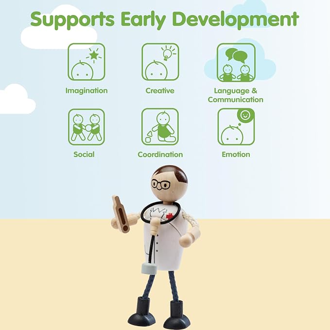 PlanToys® Wooden Doctor Role Play Doll | Poseable 1:12 Scale Character Figure for Dollhouse Play, Medical Scenarios & Social Interaction | Eco Friendly Montessori Pretend Play Figure