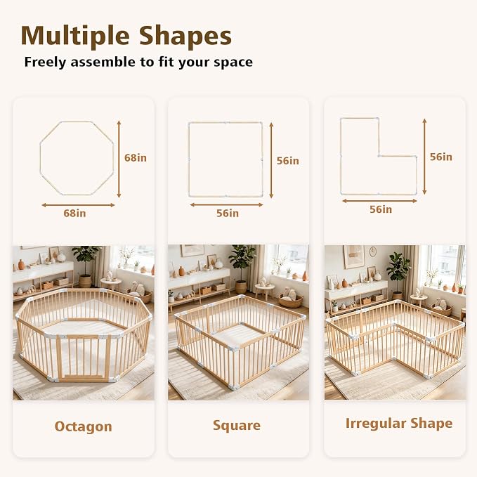 Baby Playpen, 56 * 56 * 24 inches Wooden Play Yard with Gate, Playpen for Babies and Toddlers, Baby Activity Center with Child-Proof Lock, Fence Play Area for Toddlers 6 to 36 Months
