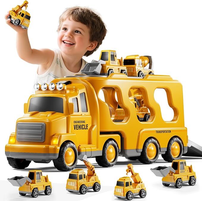 Construction Truck Toys Set for Kids Aged 1 2 3 4 5 6 7 8, Truck Playset with Toy Car, Light and Sound, Movable Parts Construction Toys for Toddlers, Birthday Gifts for Boys Girls 2-4 4-7