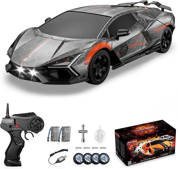 RC Drift Car, Drifting RC Car 2.4GHz 1:16 4WD High Speed Remote Control Cars Vehicle with LED Lights Two Batteries and Drifting Tires Racing Sport Toy Cars for Adults Boys Girls Kids Sliver