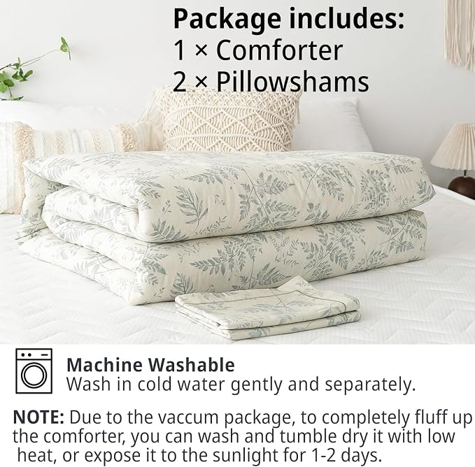 LEMIROE Botanical Cotton Comforter Queen Size - Dusty Green Comforter Printed with Luxurious Greyish-Green Ferns on Beige,Reversible Lightweight Bedding Sets 3Pcs(90"×90")