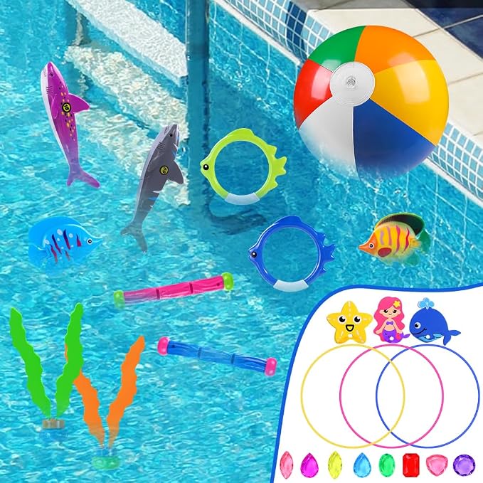 YUJUN 31 PCS Pool Diving Toys Big Rings Swim Thru Rings Pool Game Toys Summer Underwater Game with Pool Fishes Dive Sticks Gems Storage Bag Swim Birthday Party Favors for Kids Teens Adults