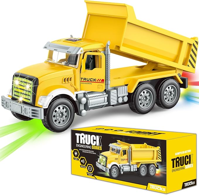 Car Toys for Toddlers, Dump Truck Toy with 1 Self-Lifting Bed, Lights Music Toy Trucks Construction Vehicle with 2 Opening Doors,Toys for 3 4 5 6 Year Old Boy Girl, Kids Christmas Birthday Gifts