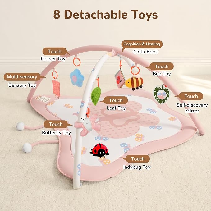 Pamo Babe Baby Play Gym & Activity Mat, Tummy Time Mat with 8 Montessori Toys, Non-slip Foldable Baby Playmat for Stage-Based Development, Machine Washable Baby Gym Play Mat for Newborn Essential Gift