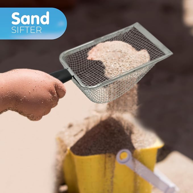 4E's Novelty Shark Tooth Sifter for Beach with Small Mesh Beach Bag for Shell Collecting, Metal Sand Scoop for Picking Up Shells - Beach Toys for Kids (1 Set)