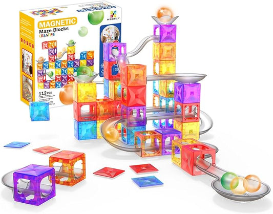 MIEBELY 112PCS Magnetic Marble Run Tiles for Kids Ages 3+ | Glowing balls, non-toxic BPA-free ABS, sealed magnets, screen-free STEM, fridge attach, storage box, travel birthday gift