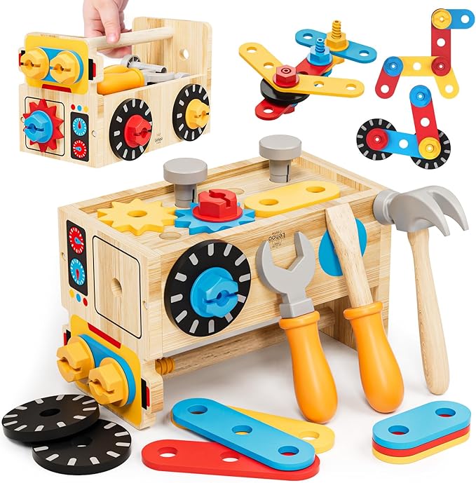 Montessori Kids Tool Set, Wooden Toddler Tool Bench Educational Toys for Ages 2-4, 2 Year Old Boy Gift for Birthday Christmas, STEM Pretend Play Tool Box, Learning Developmental Construction Toys