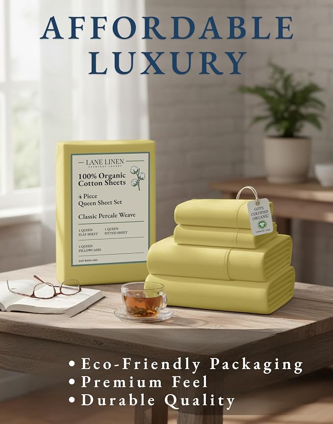 LANE LINEN Queen Size Bed Sheets 100% Organic Cotton Soft 4pc - Cocoon | GOTS Certified Organic Cotton Percale Queen Sheet Set - Affordable Organic Luxury, Honest-Price Organic Quality