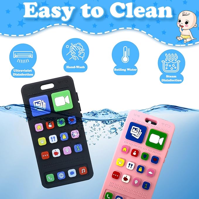 Baby Silicone Teething Toys, Phone Teether Toys for Toddlers 3-18 Months, Boys Girls Babies Teething Toy, Baby Chew Toy, Freezer BPA Free, Pink