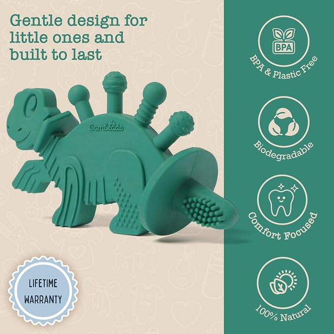 Bambeado Dibly Baby Teething Toy - Made with Natural Rubber & Amber Elements - Easy to Hold, Simple to Clean - Cute Dinosaur Teether Toy - Alternative to Amber Teething Necklace Green