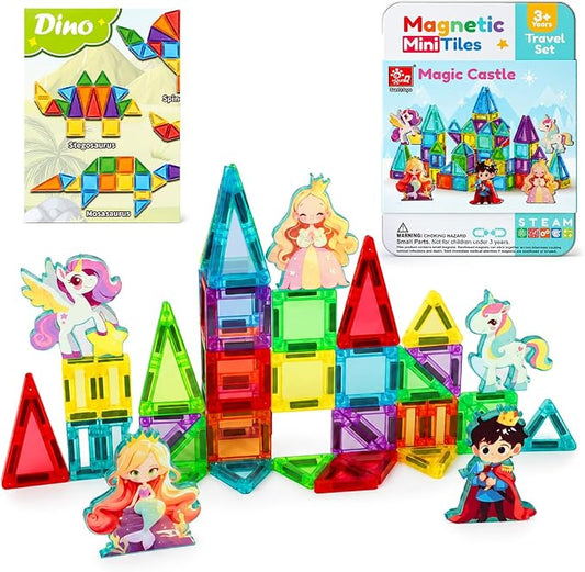45PCS Mini Magnetic Tiles for Kids Ages 3-8, Travel Magnetic Building Blocks Set with 5 Fairytale Figures, STEM Toys for Girls Boys, Portable Tin Case, Princess Unicorn Magic Castle