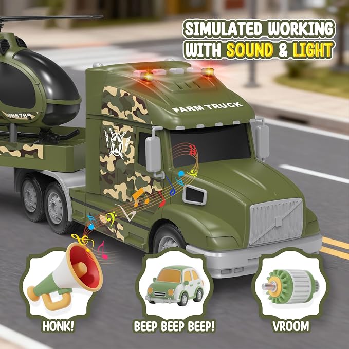 Toddler Toys for 3 4 5 6 Year Old Boys - 27" Large Semi Army Truck Toy with Tank and Helicopter, 3-in-1 Friction Powered Transport Vehicle with Lights Sounds, Christmas Birthday Gifts for Boys