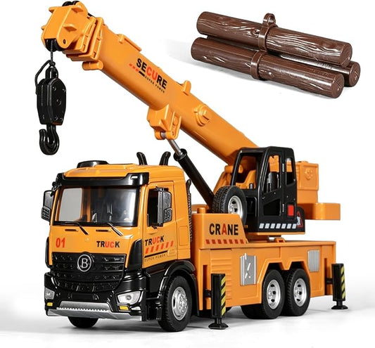 Crane Truck Toy Diecast Metal Cab Construction Truck Toys for Kids Crane Truck Boom that Can Be Raised Lowered Extended Pull Back Toy Crane with Lights and Sounds Crane Toys for Boys Age 4-7