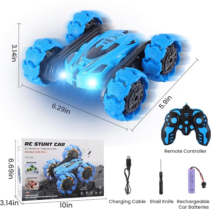 RC Stunt Car, 360° Flips & Double-Sided Remote Control Truck with LED Lights, 2.4GHz High Speed All Terrain Off-Road Toy Car, Gift for Boys Girls Kids Ages 6-12 (Blue)