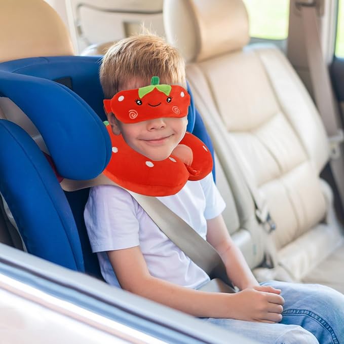 Kids Neck Pillow for Travel with Sleep Eye Mask, Cute Travel Neck Pillow, Memory Foam Flight Sleeping Headrest Pillow for Boys & Girls, Airplane, Train, Car, Home Use - Red Strawberry