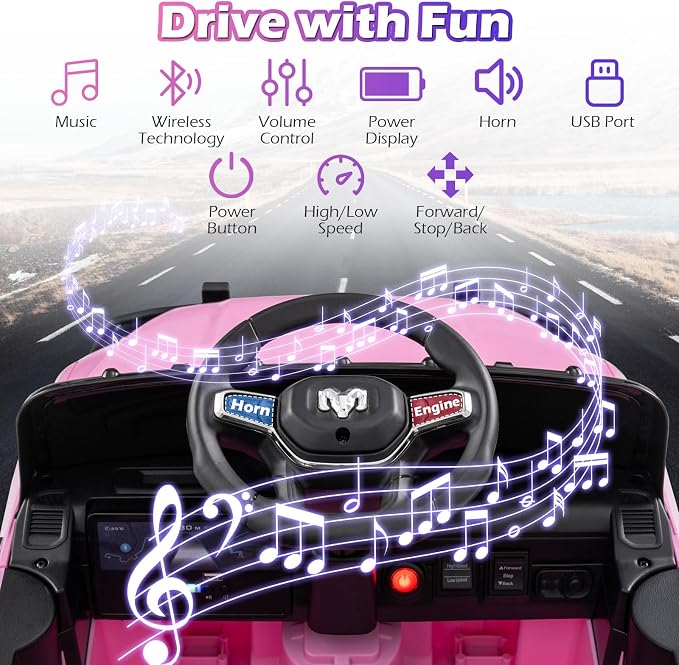 Costzon Ride On Car, 12V Licensed RAM Kids Electric Vehicle w/Remote Control, LED Lights, Music, Horn & Wireless Connection, Soft Start, Ride On Toy Kids Car for Boys Girls (1-Seater,Pink)