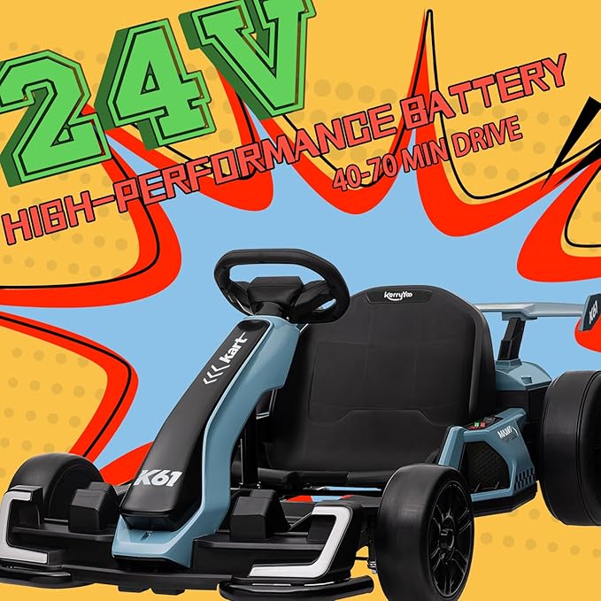 KerryYoo K61 Go Kart Electric Drift Kart with Length Adjustable Seat, 24V Outdoor Ride on Toy with 4 Speed Mode, Crazy Kart for Kids 6-12 Years Old, Fast 300W Motor, 8.5 MPH, Bluetooth - Blue