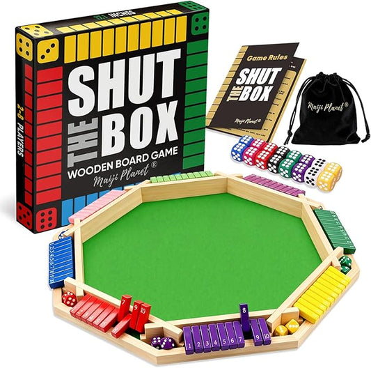 Deluxe 2-8 Player Original Shut The Box Game, Math Dice Board Game for Family Night Classroom Travel, Wooden Classic Table for Group Kid Adult Senior Travel Party Bar Easy Quick and Fun