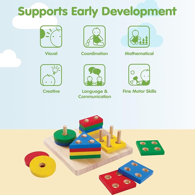 PlanToys® Wooden Shape Sorter Toy for Toddlers | Montessori Educational Learning Toy for Color & Shape Recognition | Eco-Friendly Fine Motor Skills Toy for Preschool Math & STEM Development