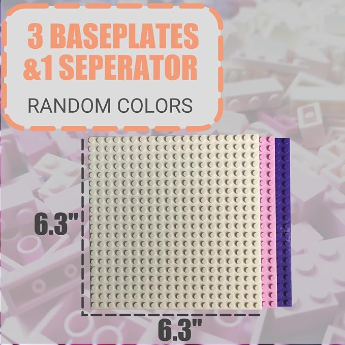 HUIZDQ 1000 Pieces Classic Building Bricks, Classic Stackable Base Plates, 3 6.3" x 6.3" White, Pink and Purple Base Plates, Compatible with All Major Brands, Toys for Ages 6-7-8-13 Girls