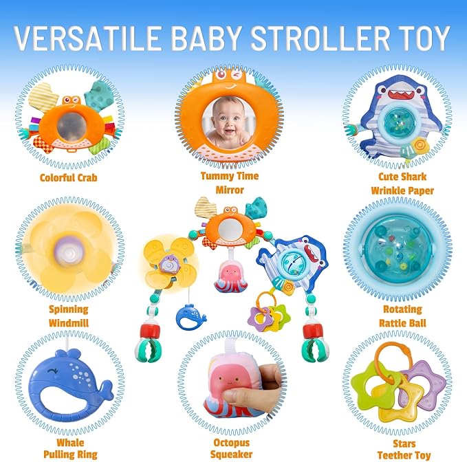 Adjustable Baby Stroller Arch Toy, Car Seat Toys for Infants 0 Months Bassinet Hanging Toy Bar Attachment with Mirror & Sound, Crib Comfort Gift for Birthday, Baby Shower