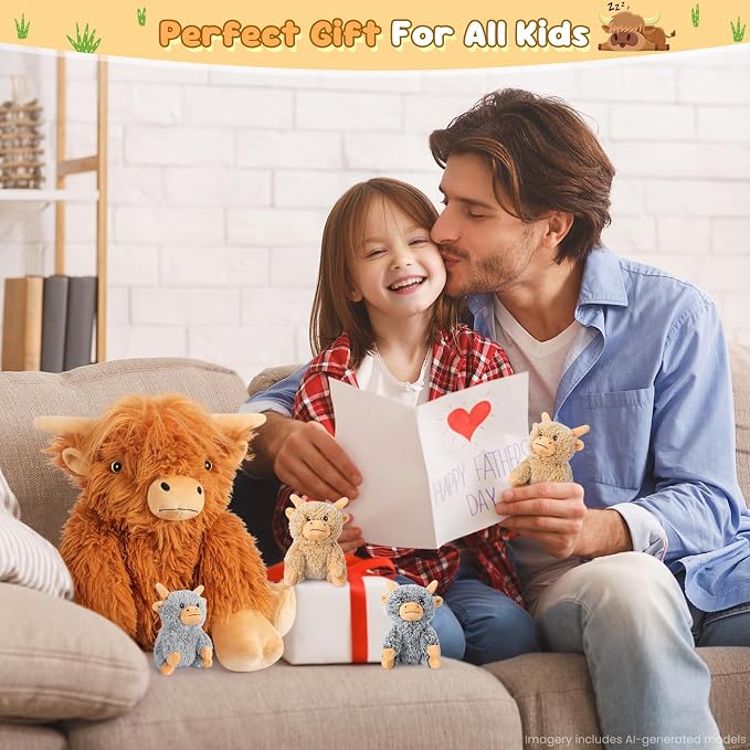 SuzziPals 5-in-1 Highland Cow Stuffed Animals with Babies Inside, 5PC Set Highland Cow Plush Mommy & 4 Babies, Soft Plushies Decor, Cute 3 to 8 Year Old Girl Gifts, Imaginative Play Toy (Cows)