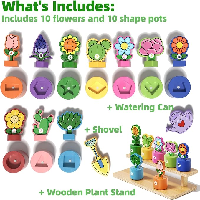 GJZZ Montessori Shape and Color Sorting Toys, Wooden Flower Garden Set | Learning, Number Cognition, Fine Motor Skills, Birthday Gifts, Pretend Play for 2 Year Old Girl
