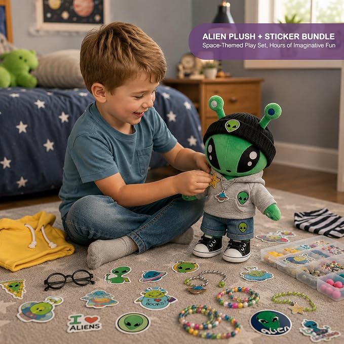 51-PCS Alien Plush Toy Set | 1 Green Alien Plush + 50 Space Themed Stickers | DIY Cosplay Ultra Soft Stuffed Alien Creature Figure | Cute Stuffed Animal Pillow | Ideal Gift for Sci-Fi Lovers Decor