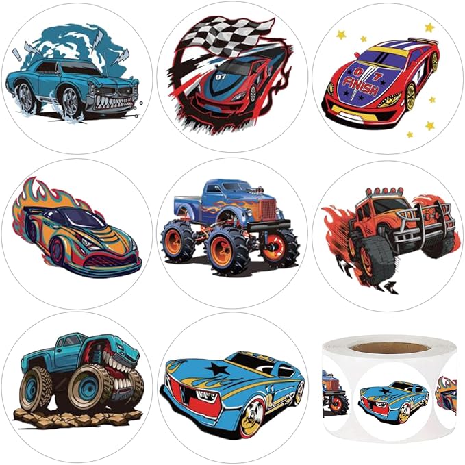 600Pcs Monster Truck and Race Car Stickers for Kids 1.5 Inch Car Stickers for Kids Boys Race Car Party Favors Birthday Decoration Supplies