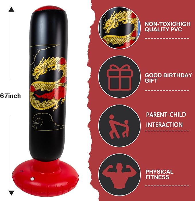 Onirii Kids Inflatable Punching Bag | Large Stable Kids Inflatable Boxing Bag Toy Set with Gloves for Boys & Girls Age 3-12 for Taekwondo,MMA and Practicing Karate
