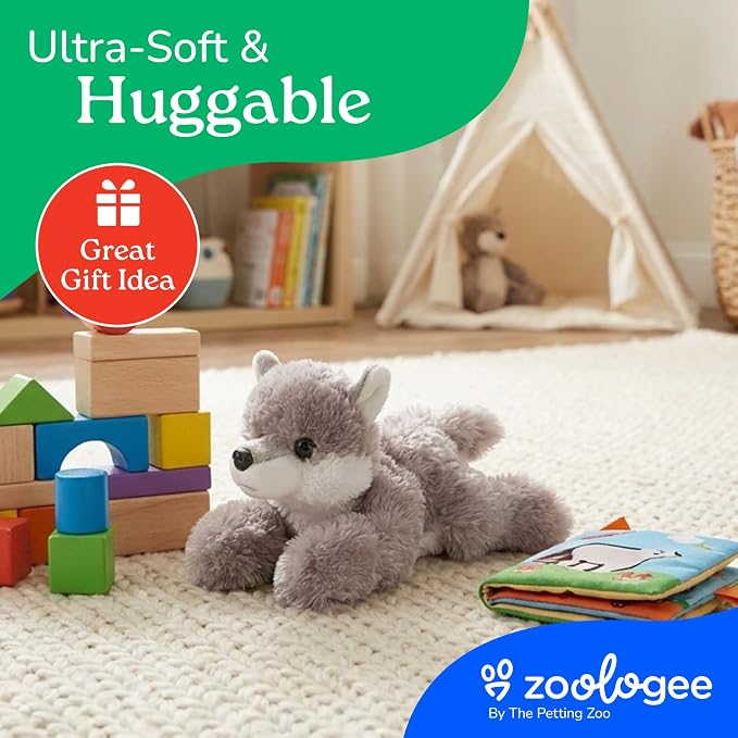 The Petting Zoo Grey Wolf Stuffed Animal Plushie, Gifts for Kids, Scoopz Wildlife Animals, Wolf Plush Toy, 8 inches