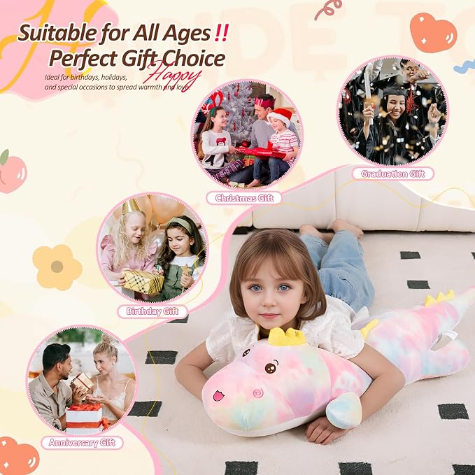 Tianmihou 40inch Gaint Dinosaur Plush Stuffed Animals, Soft Rainbow Dinosaurs Stuffed Large Body Pillow Toy, Cute Plushies Gift for Kids Boys Girls Birthday