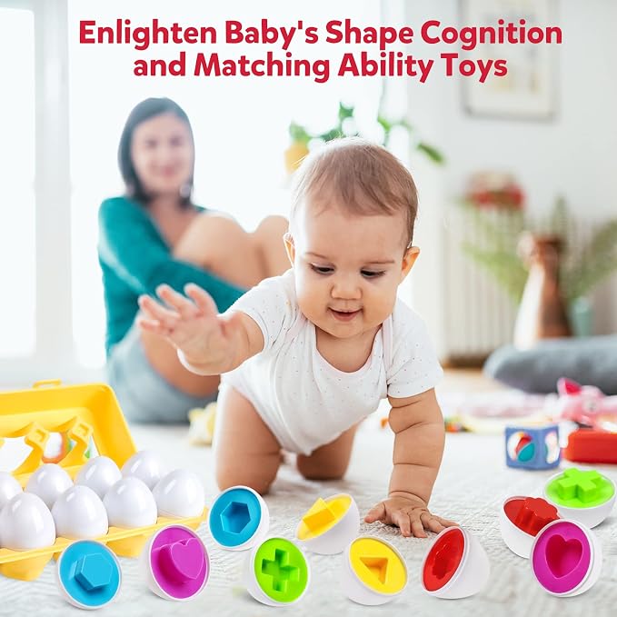 Matching Eggs Color and Shape Recoginition Sorter Puzzle Easter Eggs Sensory Toys Early Learning Educational Fine Motor Skill Montessori Geometric Eggs for Toddlers Boys Girls (12 Shape Eggs)