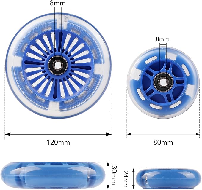 4-Pack Light Up Scooter Wheels - 120mm & 80mm White LED Replacement Wheel for Micro Mini Maxi Lascoota 3-Wheel Kick Scooter (Blue)