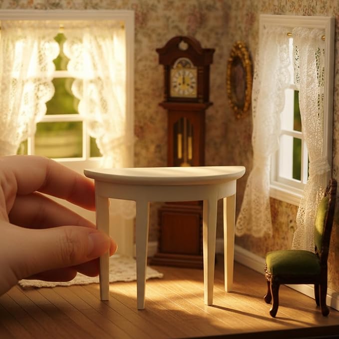 Miniature Half Moon Table Dollhouse Furniture 1/12 Scale for Living Room Bedroom Hallway, Entrance, Small Spaces, DIY Doll House Accessories (White)